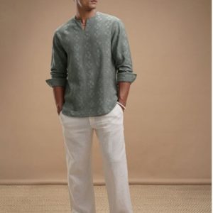 Olive Green Textured Cotton Kurta Shirt – Casual Ethnic Style for Men