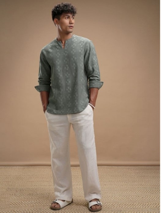 http://Olive%20Green%20Textured%20Cotton%20Kurta%20Shirt%20–%20Casual%20Ethnic%20Style%20for%20Men