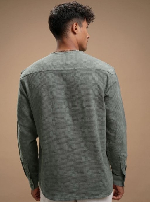 Olive Green Textured Cotton Kurta Shirt – Casual Ethnic Style for Men - Image 2